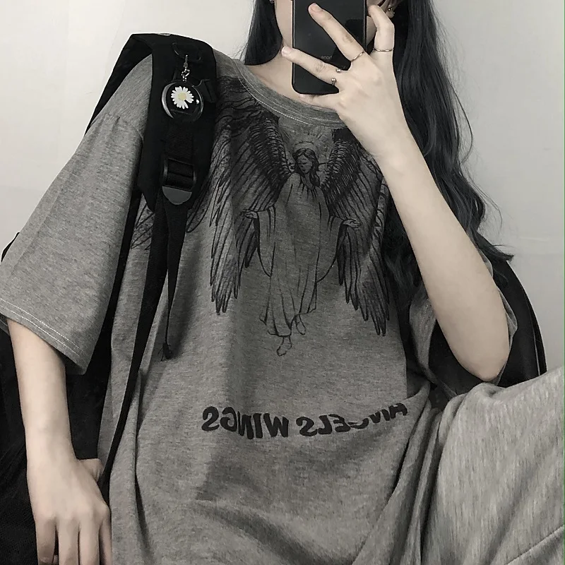 

GOOHOJIO 2020 New Vintage Graphic Tee Female Short Sleeve O-Neck Gray Chic Women Tshirts Summer Loose Casual T Shirt Women Top