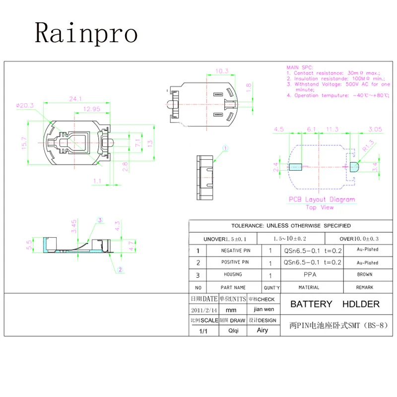 Позолоченный держатель батарейного отсека Rainpro 10 шт./лот BS-8 CR2032 CR2025 2032 |