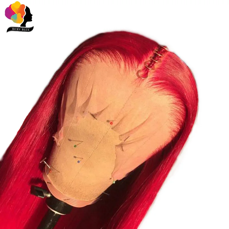 

13*4 прямой красный Remyblue длинный парик из человеческих волос на сетке спереди, перуанский 150 предварительно выщипанный с детскими волосами, п...