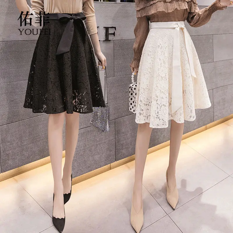 

2021 New Spring Autumn Women Temperament Bow Tie Up High Waist Skirt Lady Elegant Solid Hollow Out A-Line Knee-Length Skirt M220