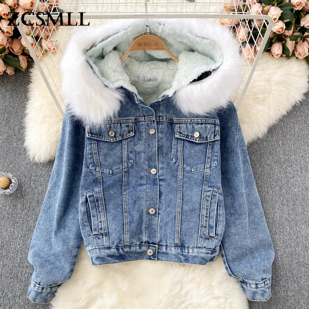 

ZCSMLL Women Hooded Lambswool Liner Thcik Keep Warm Denim Coat New Long Sleeve Fashion Temperament Winter 2021 TH1446