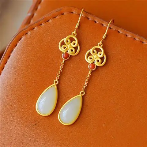 

Earrings Women's Long Elegant S925 Sterling Silver Inlaid Natural Hetian Jade Water Drop Earrings Retro Fairy Jade Earrings