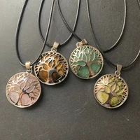 Family Tree of Life Pendant Round Necklace Pink Quartz Aveturine Stone Tiger Eye Black Rope Chain Necklace Natural 1pc