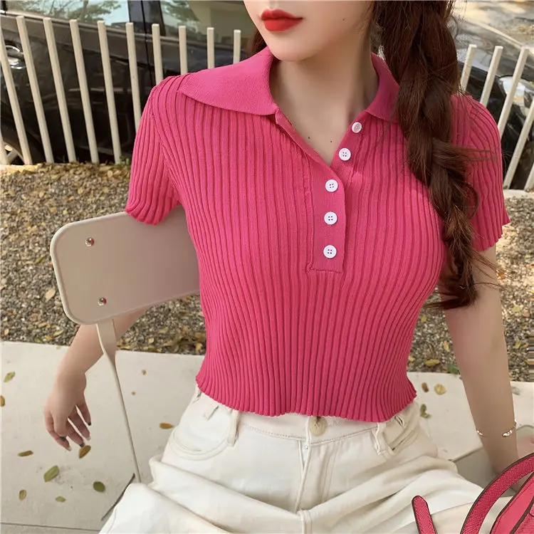 

Casual Tshirts Cotton Women Summer Short Sleeve Crop T Shirt Ladies Turn-down Collar Solid White Tee Shirt