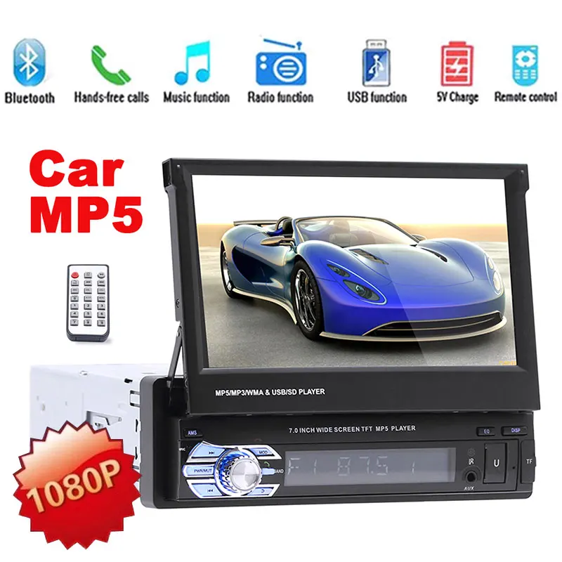 7 inch Bluetooth 1080P Auto Car MP5 Player 1DIN Retractable screen 21-key control FM/USB/AUX Rear view Touch Screen |