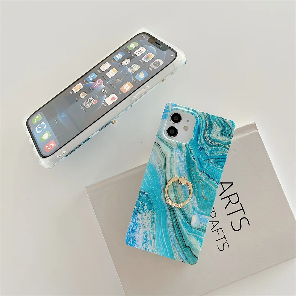 

Square Mold Gilt Flow Color Marble With Ring Holder Phone Case Cover For Iphone12 12mini 12pro 11 11pro Max 7 8Plus Xs Xr Xs Max