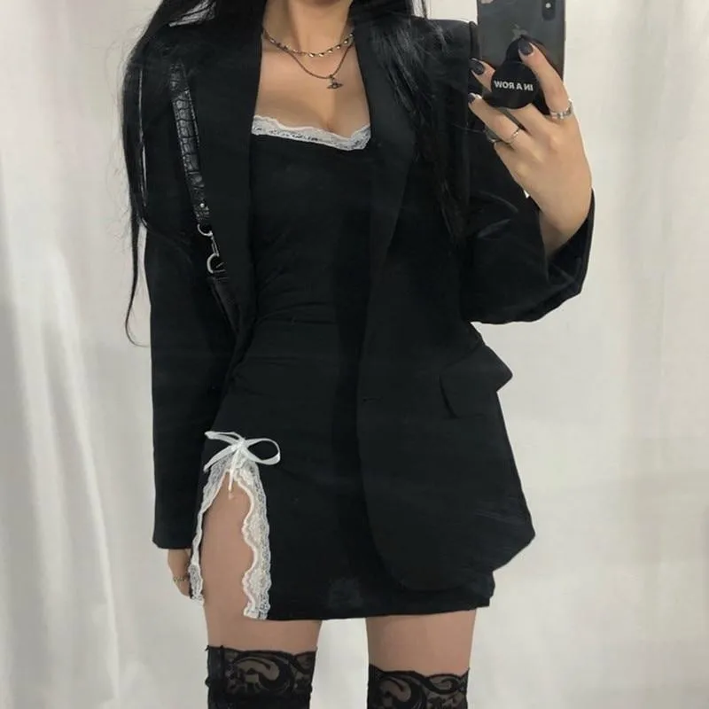 

Sexy V Neck Lace Patchwork Bodycon Black Dress Women Elegant Fashion Side Split Summer Dress Mini Ladies Basic Holiday Dresses