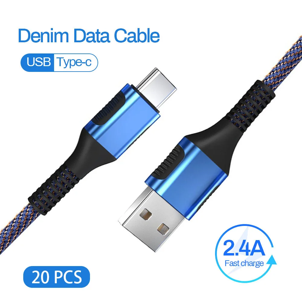 

20 шт. джинсовый USB C кабель для передачи данных Тип C 2.4A шнур для быстрой зарядки передачи данных 1 м 2 м 3 м для Samsung Xiaomi Huawei Тип C кабель