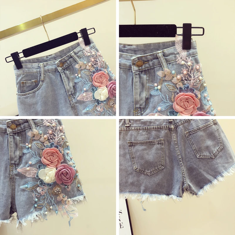 

Woman 3D Flower Short Beaded Jeans Shorts Women's 2021 Summer New Pearls Frayed Embroidered A- Line High Waist Short Hot Pants
