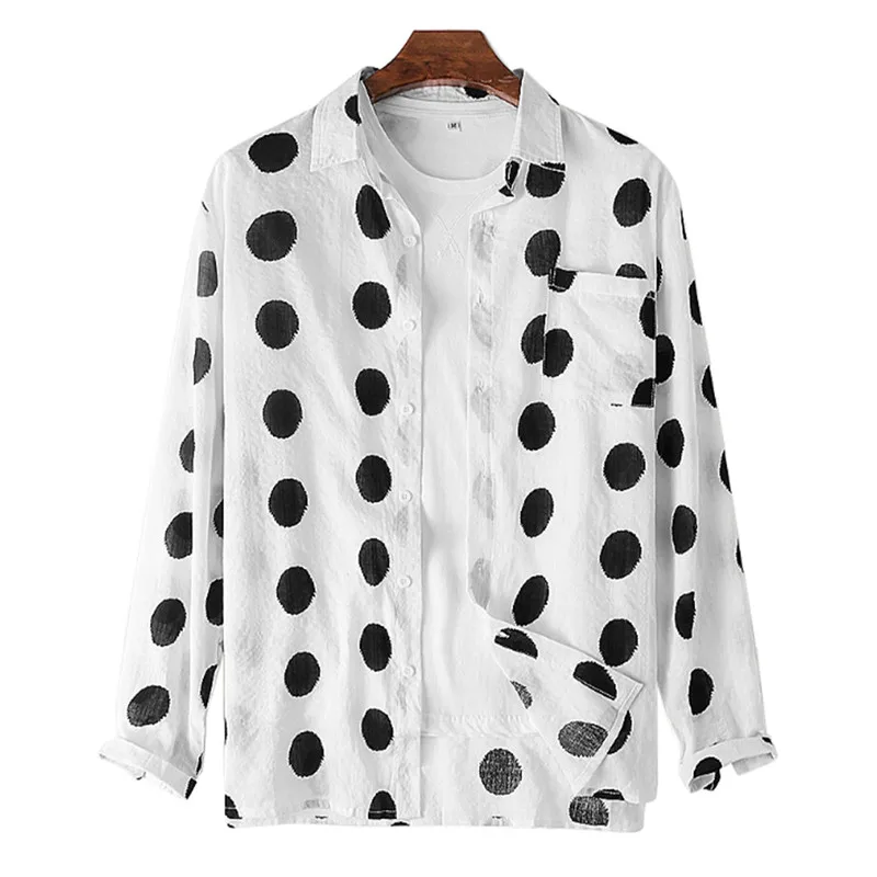 

Men Polka Dot Print Shirt Round Neck Long Sleeve Button Down Blouse Holiday Leisure Tops