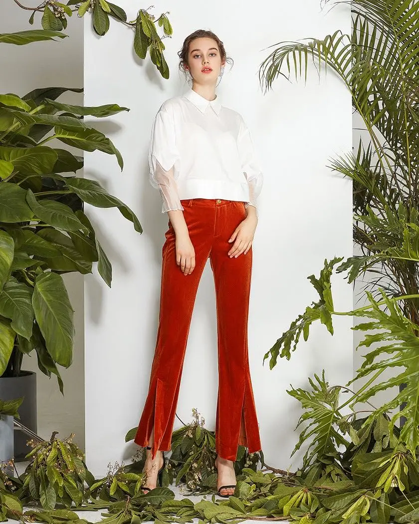 

Women's Elegant Gold Velvet Split Flared Pants,Designer Trousers for Ladies