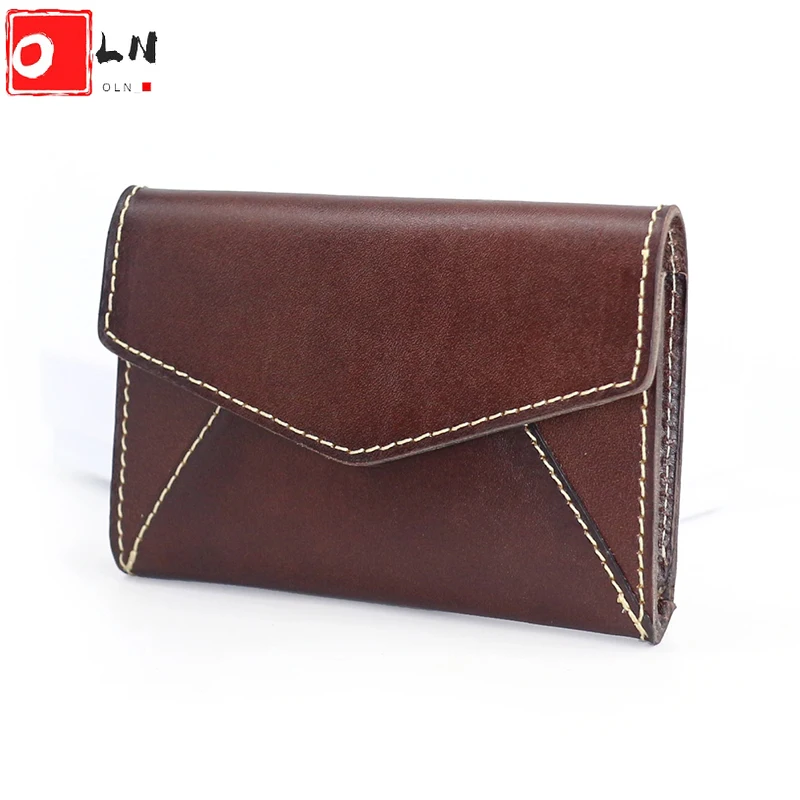 

OLN Women Luxury Bank Credit Card Holder Vintage Vegetable Tanned Leather Envelope Coin Purse Small Business Cardholders Men