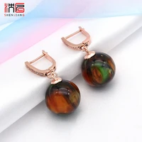 shenjiang new trendy colorful round acrylic beads dangle earrings for women girl party high quality cubic zirconia jewelry gift