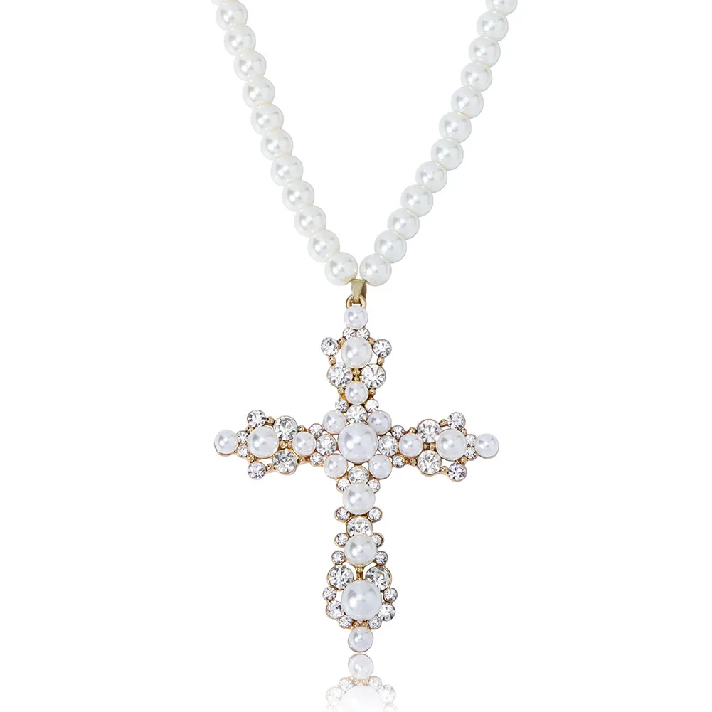 

New Vintage Fashion Pearl Necklace with White Pearl Iced Out Cubic Zirconia Cross Pendant Charm Jewelry For Women