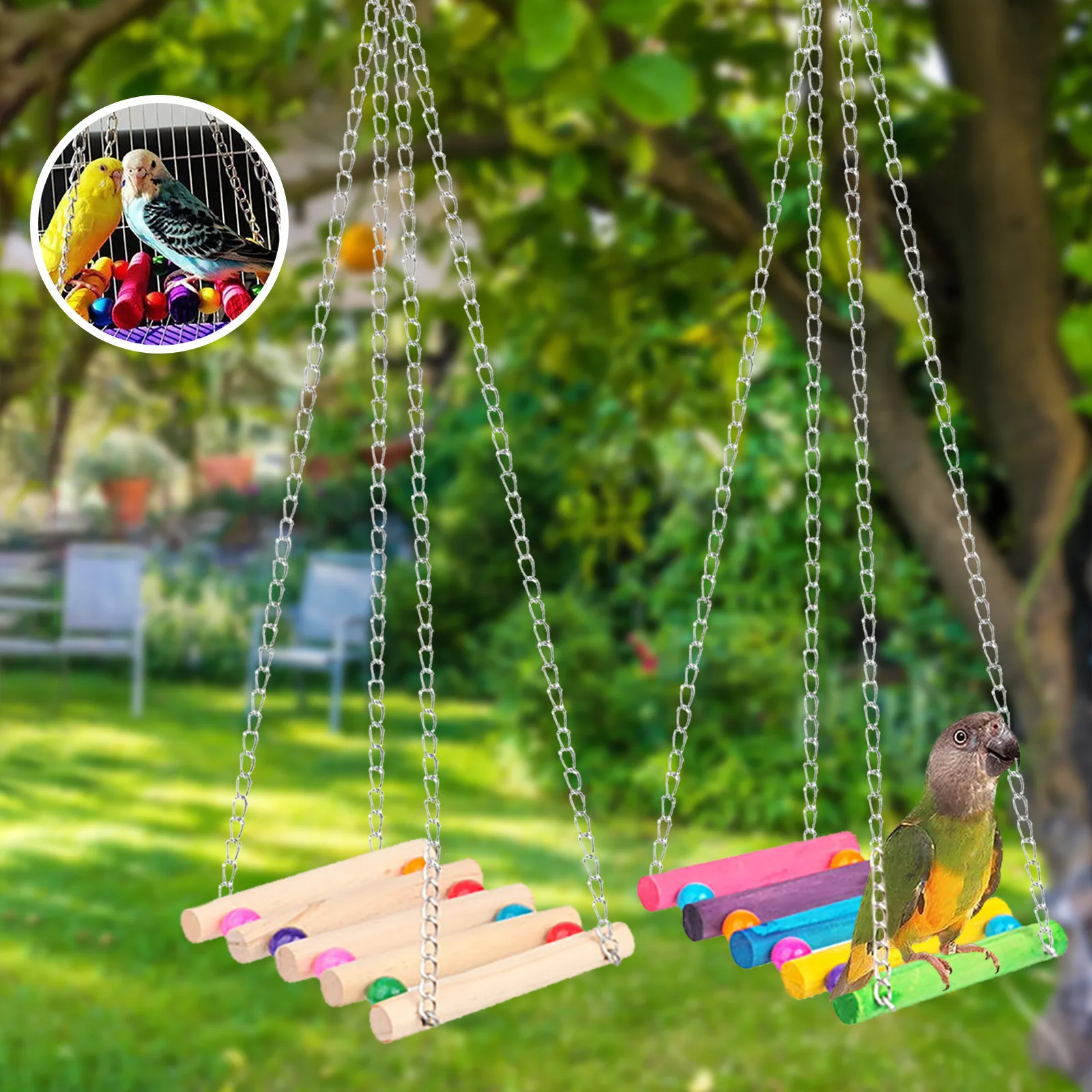 

Birds Supplies Parrot Toy Set Swing Bell Dangling Wooden Chew Colorful Pet Toys Wood Suspension Bridge Products Swing Bird Stand