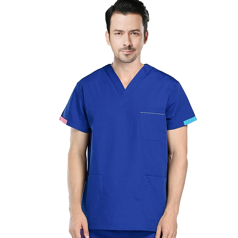 sapphire blue top Мужская Спецодежда, цветной дизайн, v-образный вырез, короткий рукав, топ из чистого хлопка, медицинская униформа, летняя рабочая одежда для доктора(только топ - Цвет: sapphire blue top