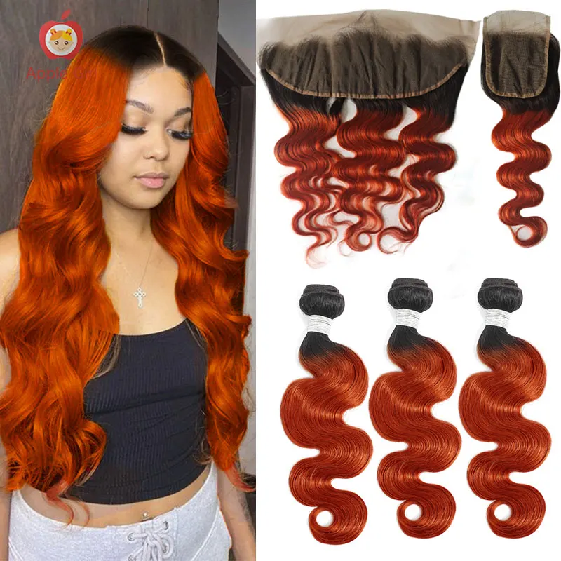 Ginger Body Wave Human Hair Bundles With Frontal Burnt Orange Colored Hair Closure With 3 or 4 Bundle Brazilian Remy Applegirl