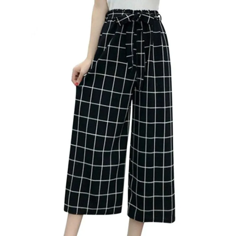 2019 Summer New Striped Style Black Loose High Waist Crop Casual Pants Women One Size Chiffon Wide-leg Pants Plus Size