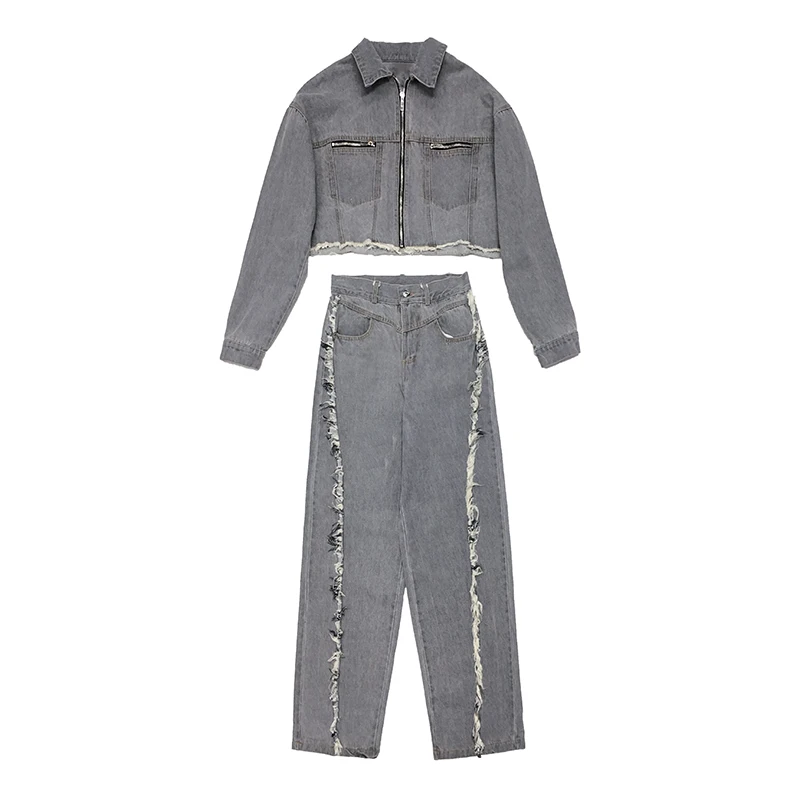 

{DEAT} Wide Leg Pants Denim Two Piece Suit New Turn-down Neck Long Sleeve Black Loose Fit Women Fashion Spring Autumn 2021 GX146