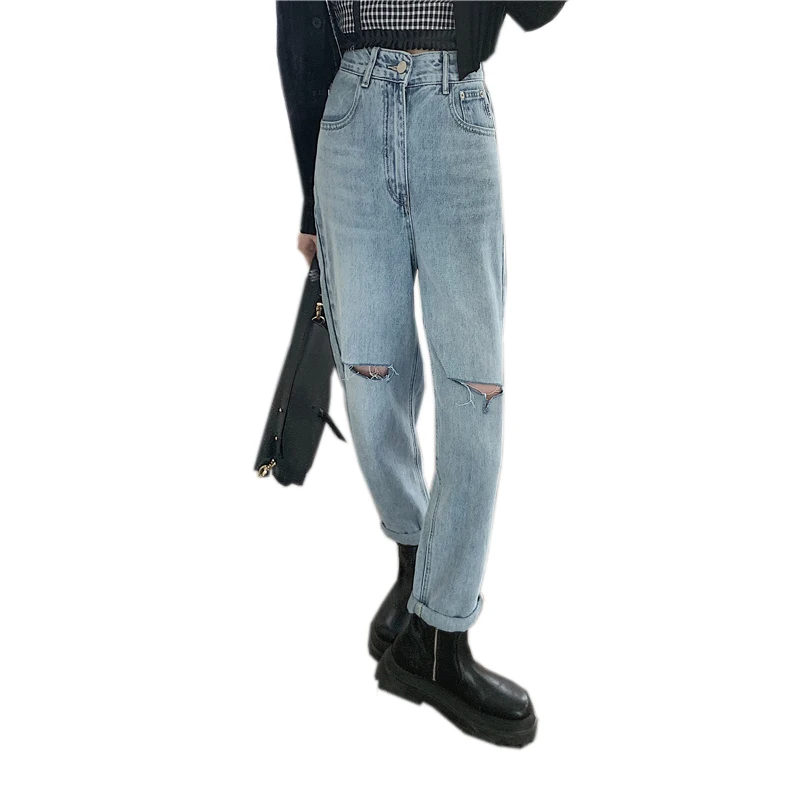 

High waist women's ripped jeans blue washed Korean streetwear fashion casual pants straight 2021 summer ladies denim