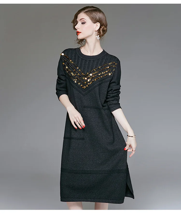 VERDEJULIAY Runway Women Knitted Dress Luxury Autumn Winter High Quality Full Sleeve Sequined Loose Long Dress Vestidos