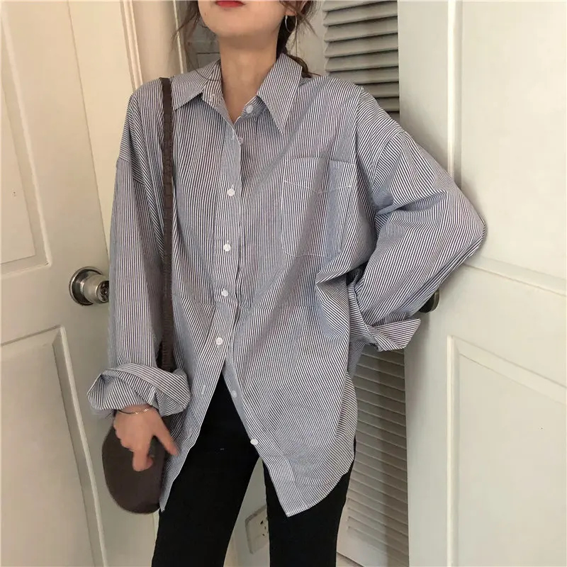 

HziriP All Match Long Sleeve Striped Leisure Loose New Stylish 2021 OL Brief Women Casual Geometric Cardigans Pocket Shirts