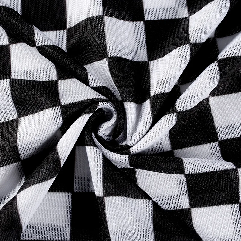

Sexy Black White Plaid Checkerboard T-shirts for Women Hollow Out Slim Top Female T-shirt Long Sleeve Tee Shirts Spring/Autumn #