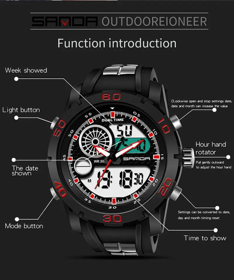 Часы наручные Sanda Мужские кварцевые цифровые спортивные водонепроницаемые с