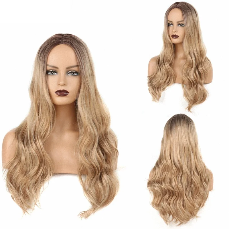 

Synthetic Wigs Long Wavy Machine Made Middle Part High Temperature Fiber Hair Ombre Color Black Brown Blond 26 Inch