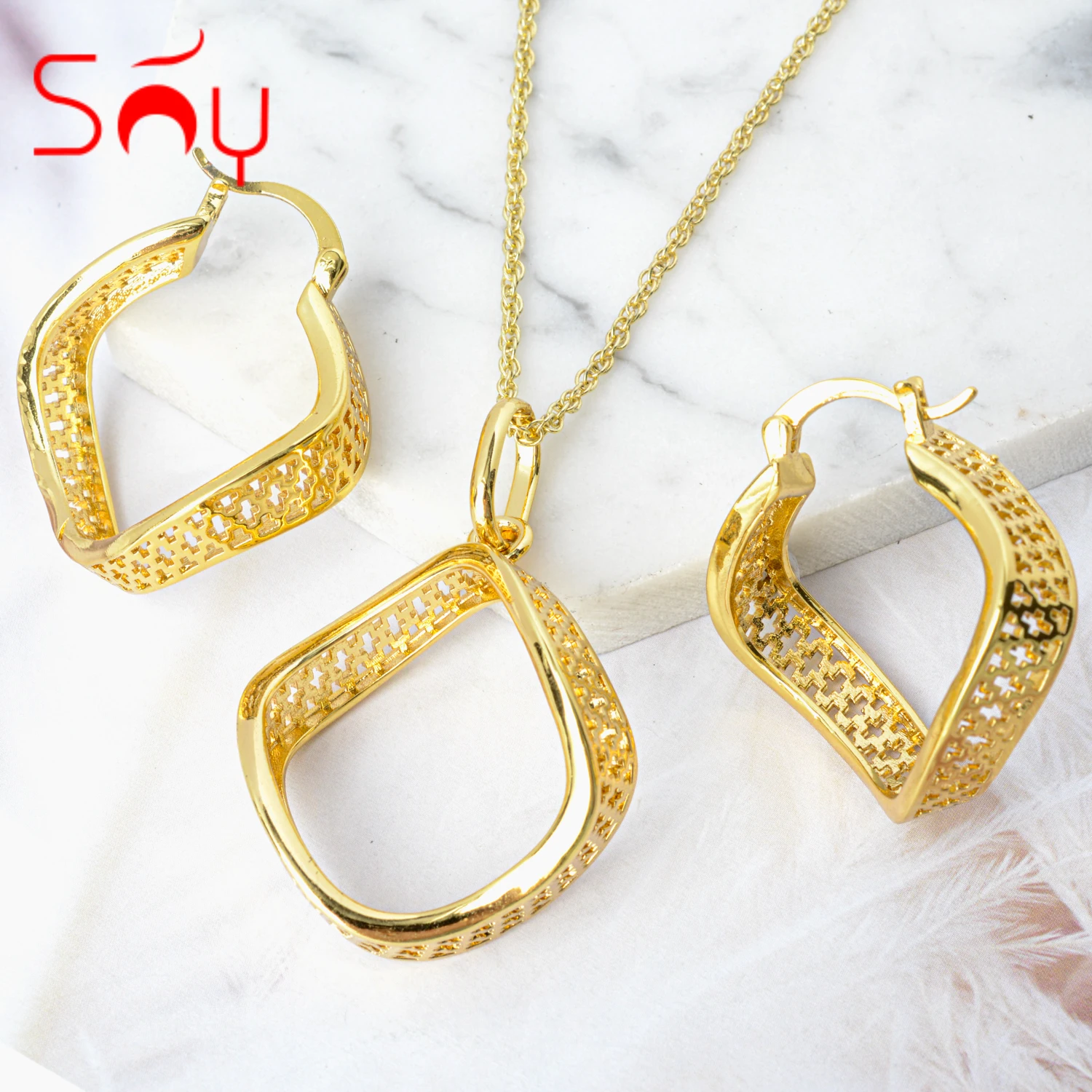 

Sunny Jewelry New Gold Plated Jewelry Sets Earrings Pendent Necklace For Women For Wedding Party Anniversary Gifts Trendy