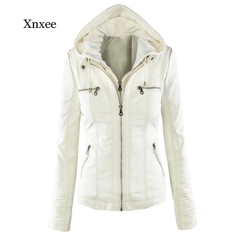Faux Soft Leather Jackets Coats Lady Black PU Zipper  Motorcycle Streetwear  Women Autumn Winter warm zipper hooded  khaki