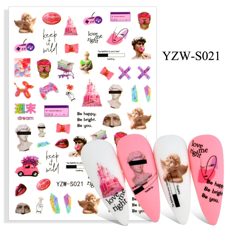 Наклейки для дизайна ногтей окрашенные в лист Цветочные фламинго абстрактные