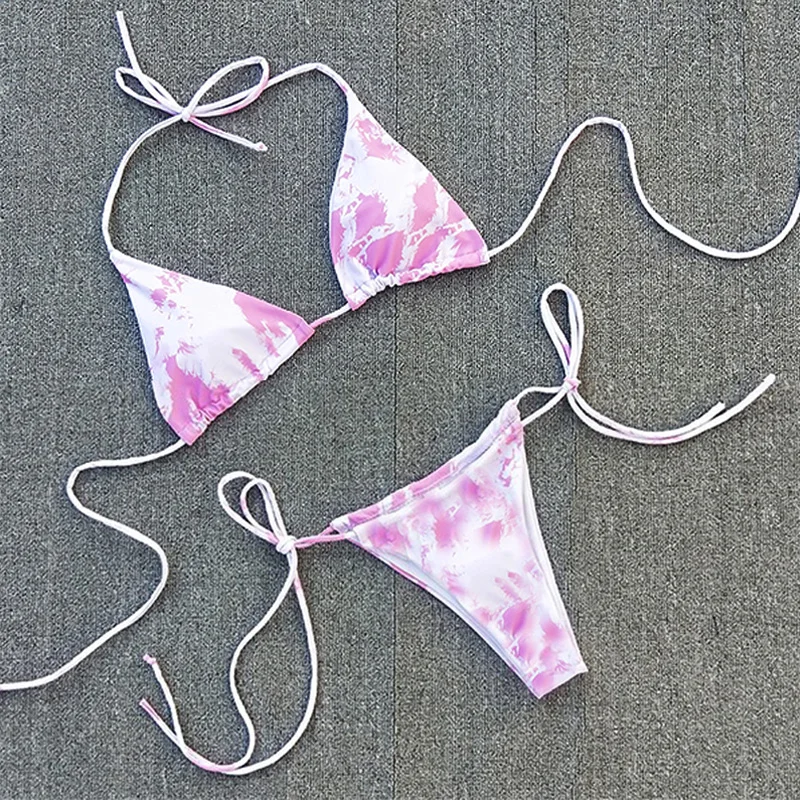 BK303PK Sexy Thong Bikini mujer extreme Triangle bikini Women Swimwear Bandage swimsuit pink Smudge gradient Bathing Suit biquini - Цвет: BK303PK