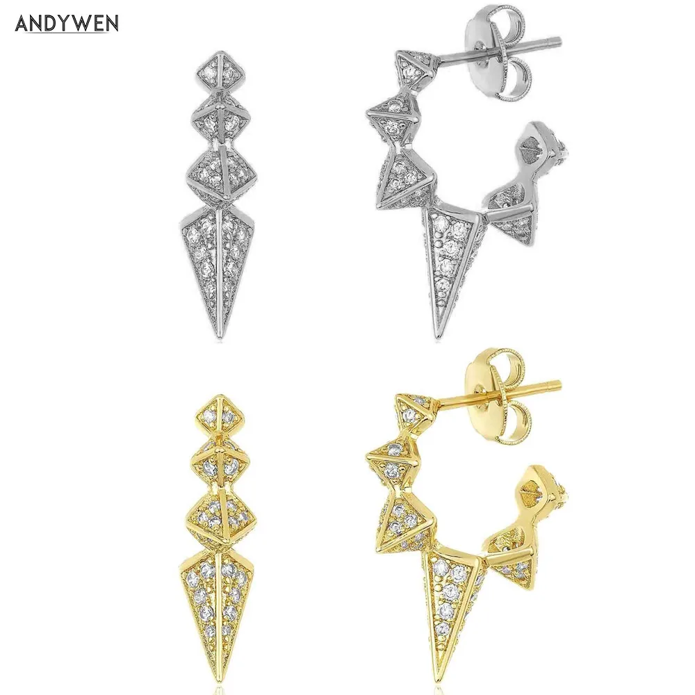 

Andywen 100% 925 Sterling Silver Clear Zircon Long Spike Hoops Women Rock Punk Luxury Fashion Women Crystal Jewelry Piercing