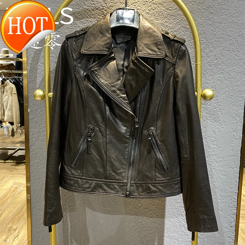 

2021new women's leather coat goat leather jacket lapel short spring and autumn wear