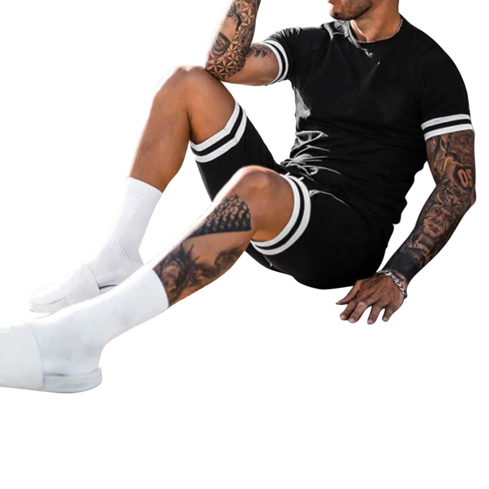 

Summer Men's Casual Clothes Set Solid Color Short Sleeve T-shirt and Elastic Waist Shorts Male Sport Fitness Two Piece Outfits