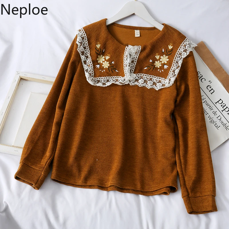 Neploe ретро-кукла воротник кружево лоскутное вышивка цветок вязаный свитер
