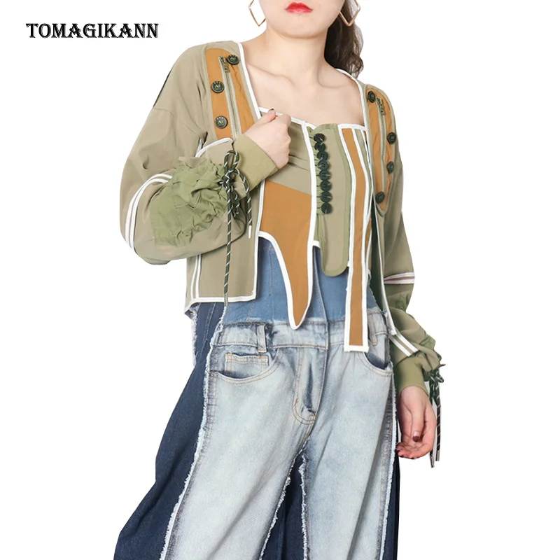 

Casual Patchwork Contrast Colors Asymmetric Jacket Women Square Collar Lantern Full Sleeve Lace Up Female Coates 2021 Fashion