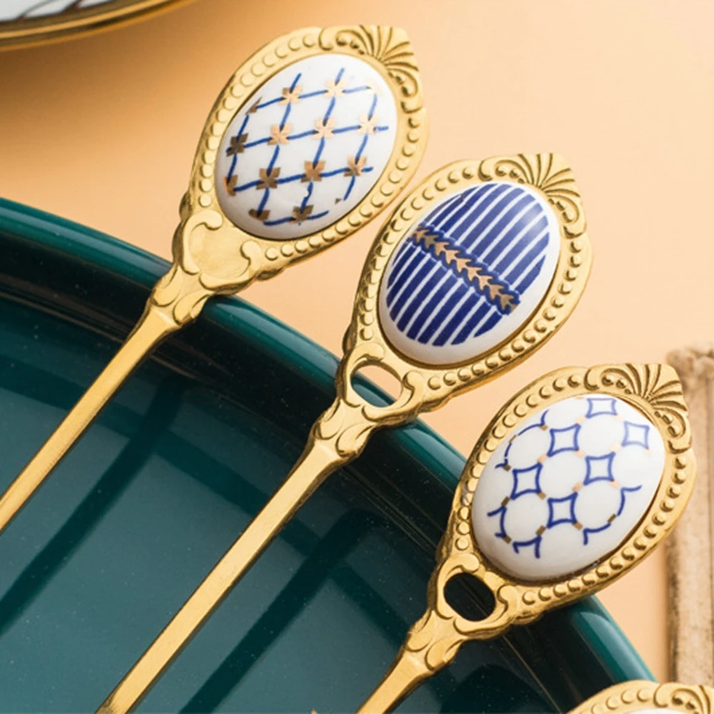 Stainless Steel Spoons Inlay Ceramic Handle Tea Coffee Scoop Vintage Gold Plating Dessert Spoon High Grade Cake Tool | Дом и сад