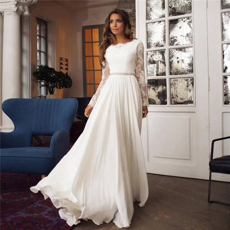 Chiffon  Wedding Dress A-line Civil Vintage White Sexy High Split Skirt Jewel Neck Chiffon Boho Bridal Dress Beach Wedding Gowns