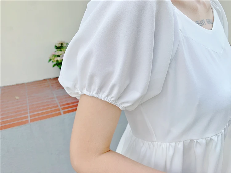 

Hebe&Eos Summer Casual Women's Dresses Solid Puff Sleeve Slash Neck A-line Short Sleeve Cute Dress White Sundress Dress Vestido