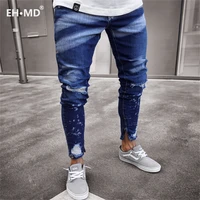 eh %c2%b7 md%c2%ae mens 100 cotton casual sports jeans mens blue and white dyeing holes scratching skinny trousers zipper opening trend