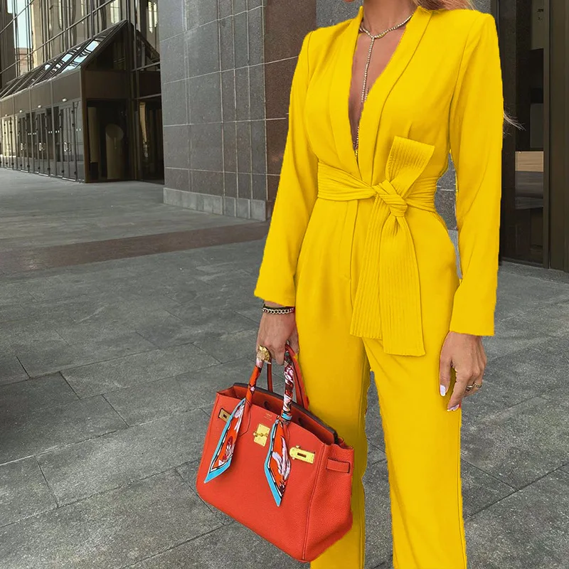 

New Autumn Solid Jumpsuits Women Sexy Deep V Neck Long Sleeve Pocket Sashes Long Romper Fashion Office Ladies Wear Slim Overalls