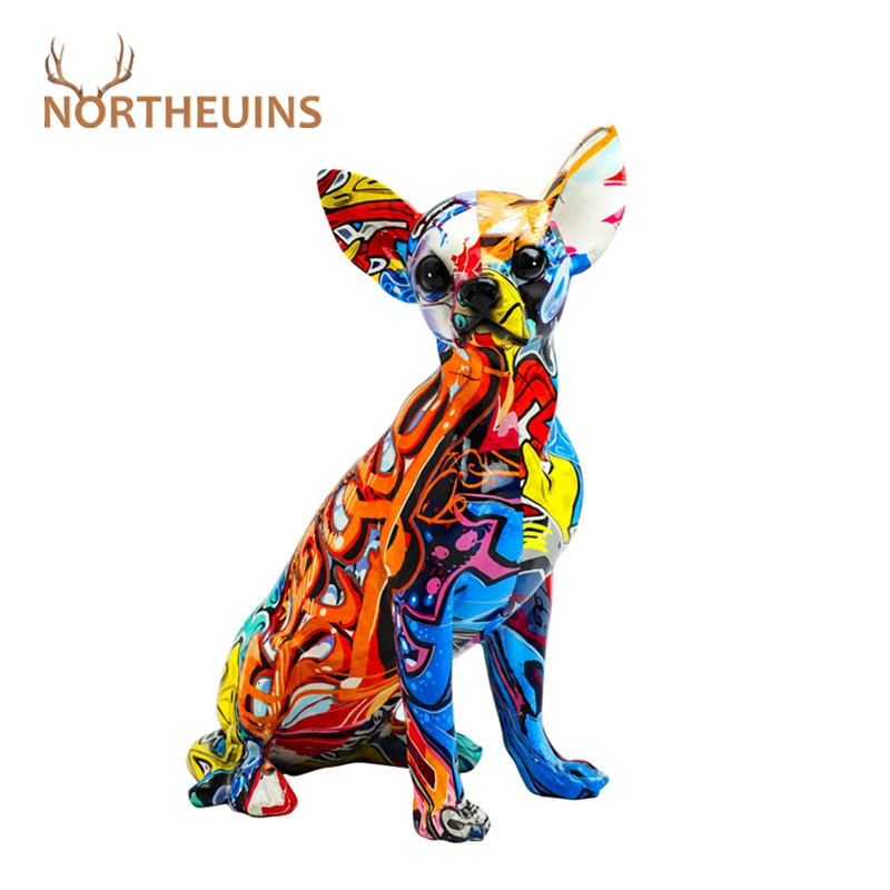 

NORTHEUINS Painted Dog Figurines For Home Resin Animal Decor Desk Art French Dulldog Ornament Sculpture Christmas Decorations