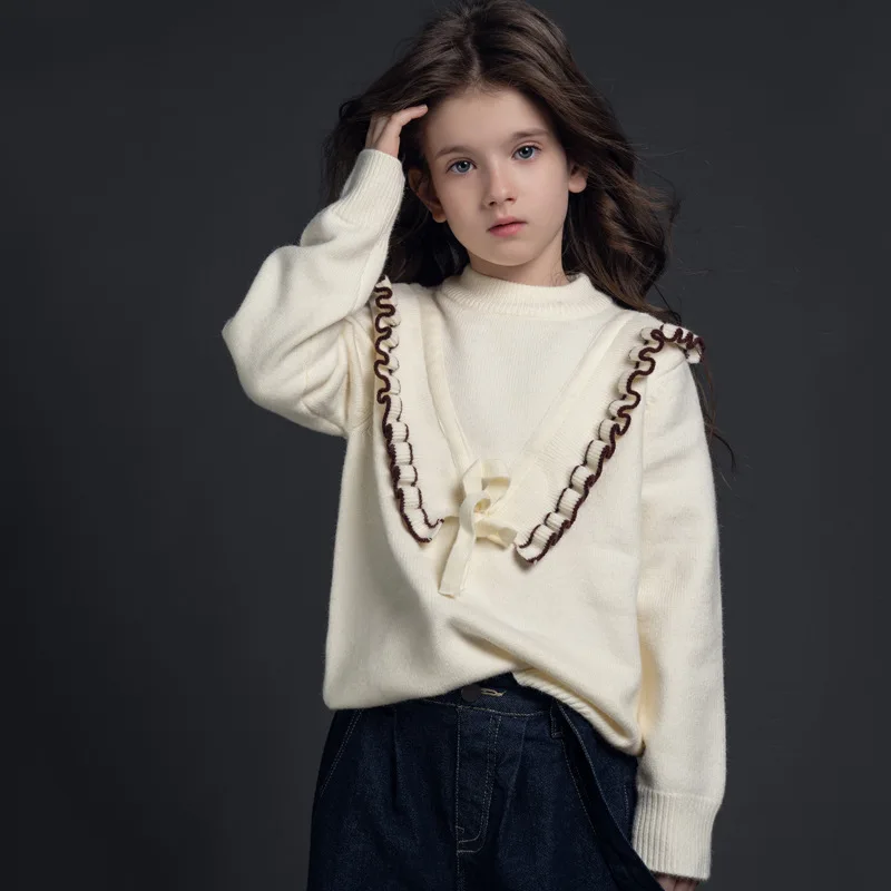 

Girls Knit Sweaters Autumn Winter Fashion Butterfly Ruffles Pullovers Children Kids 100% Cotton Knitwear Tops Clothes Uniform