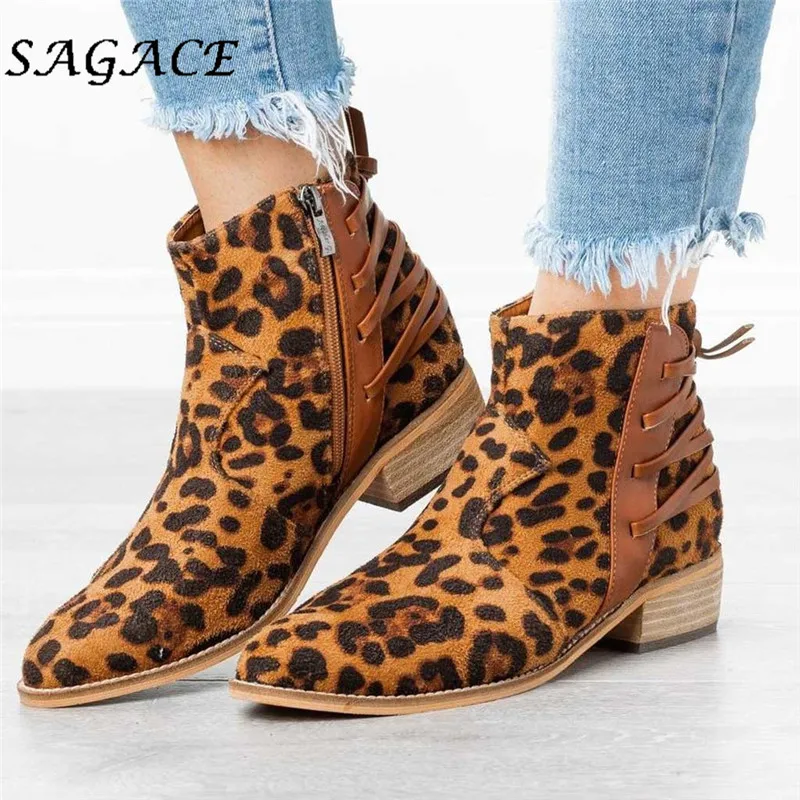 SAGACE Shoes ladies flock Ankle boots Leopard women Round Toe square heel zipper 2019 winter Middle platform | Обувь