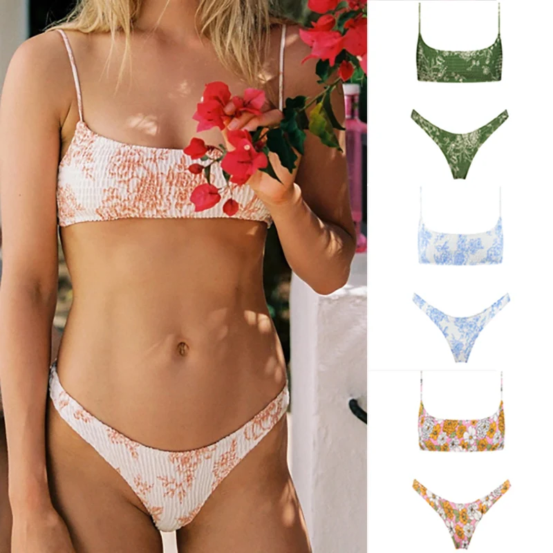 

Sexy Bandeau Push Up Bikini Set Spaghetti Strap Two Piece Swimsuit Ruched Bikinis Women Swimwear Floral Bathing Suit Beach Wear