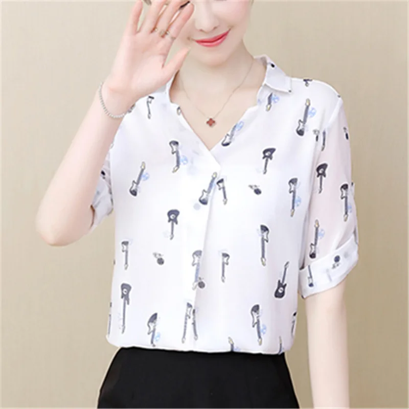 

2019 Mulheres Blusas E Tops Da Moda Blusa de Manga Curta V Neck Chiffon de Camisas Casual Ladies Blusas Roupas