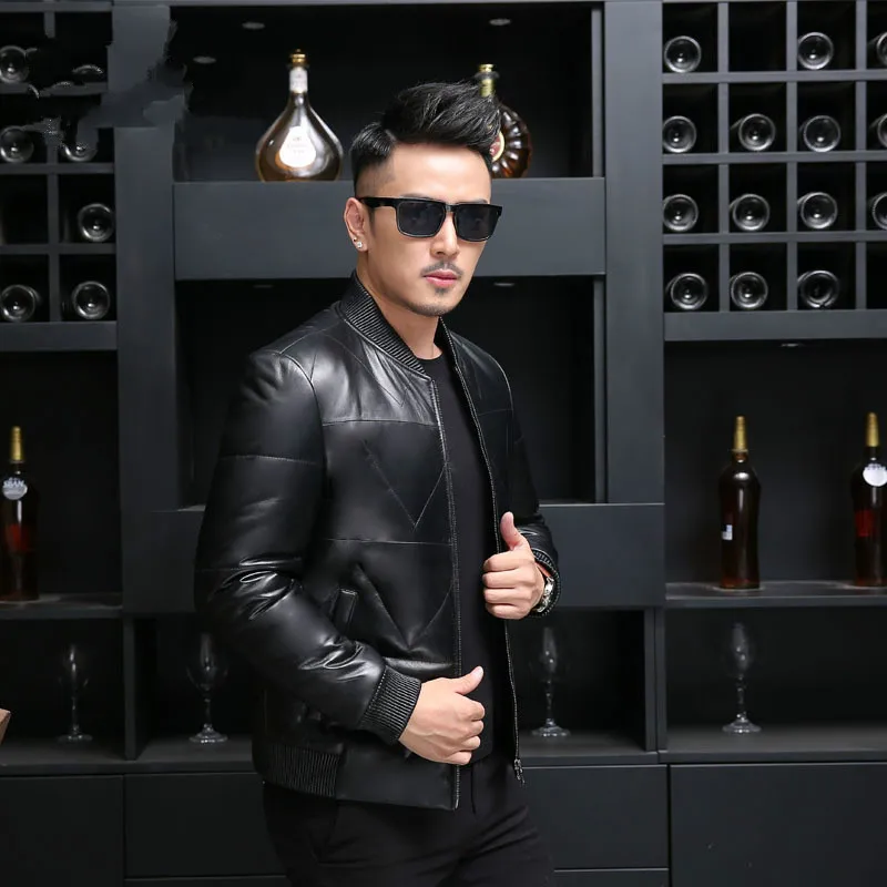 

Men Winter Bomber Leather Jacket Real Sheepskin Coat Duck Down Baseball Jackets Plus Size Jaqueta De Couro 29027 YY642
