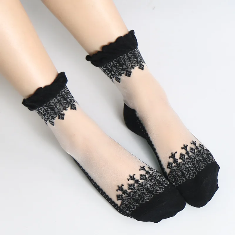 

1Pair Women Lace Ruffle Ankle Sock Soft Comfy Sheer Silk Cotton Elastic Mesh Knit Frill Trim Transparent Women's socks Hot 2021